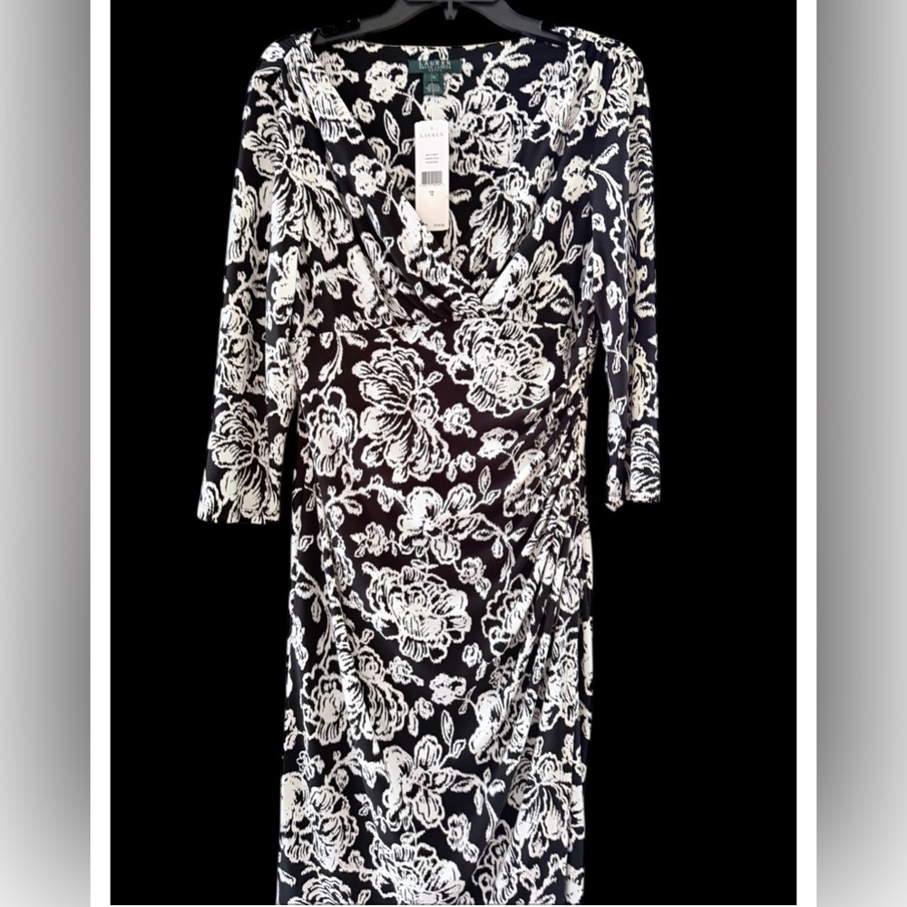 Ralph Lauren NWT”Black and White Floral Wrap Dress, Size 12